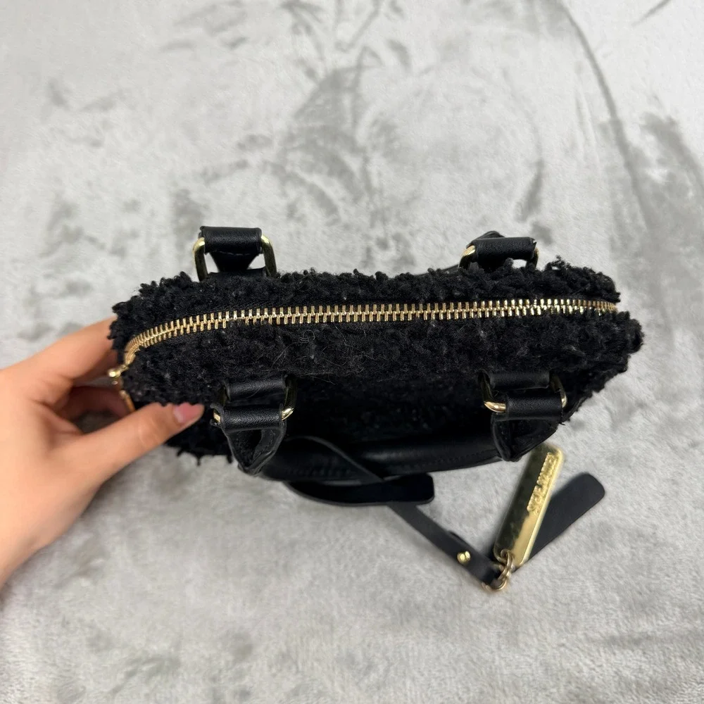 Steve Madden Black Faux Sherpa Mini Satchel Handbag Gold‎ Hardware